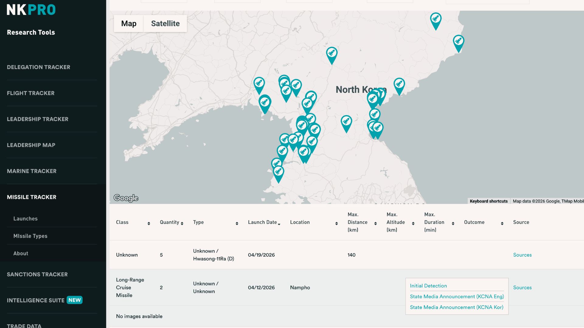 NK PRO Missile Tracker map view