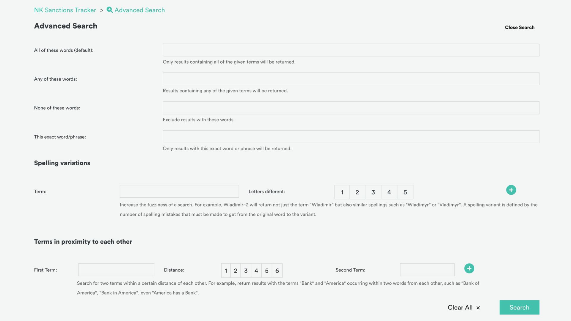 NK PRO Sanctions Tracker advanced search view